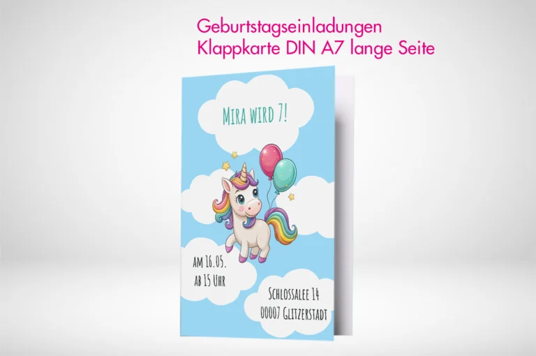 Geburtstagseinladungen Klappkarten A7 drucken lassen und online bestellen.