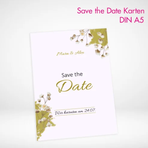 Save the Date Karten A5 frei gestalten oder eigene Dateien hochladen und drucken lassen.