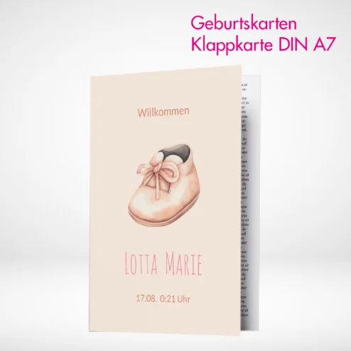 Geburtskarten Klappkarte A7 drucken lassen und online bestellen. Geburtskarten Klappkarte A7 selbst online gestalten und drucken.