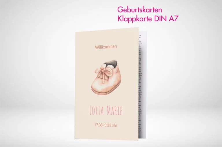 Geburtskarten Klappkarte A7 drucken lassen und online bestellen. Geburtskarten Klappkarte A7 selbst online gestalten und drucken.