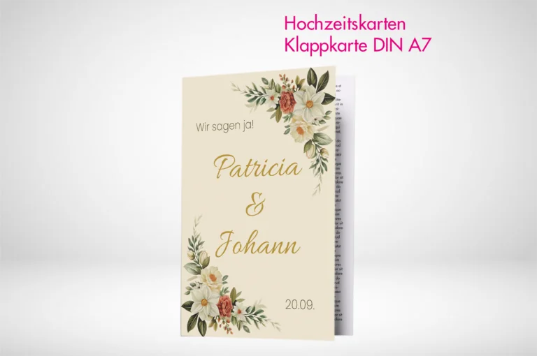 Hochzeitskarten Klappkarten A7 drucken und bestellen. Eigene Hochzeitskarten Klappkarten A7 online gestalten und drucken lassen.