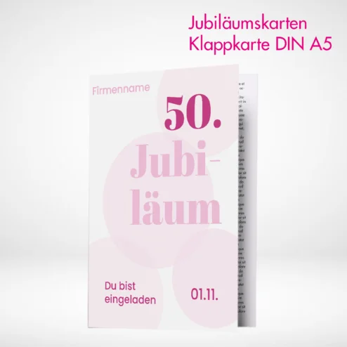 Jubiläumskarten Klappkarten A5 drucken lassen und auf verschiedenen Papierstärken bestellen. Jubiläumskarten Klappkarten A5 online gestalten und drucken.