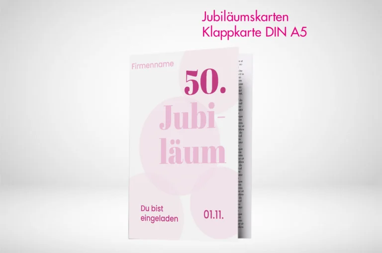 Jubiläumskarten Klappkarten A5 drucken lassen und auf verschiedenen Papierstärken bestellen. Jubiläumskarten Klappkarten A5 online gestalten und drucken.