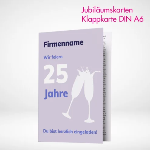 Jubiläumskarten Klappkarten A6 drucken bei PrintOnline24. Jubiläumskarten Klappkarten A6 online gestalten und bestellen.