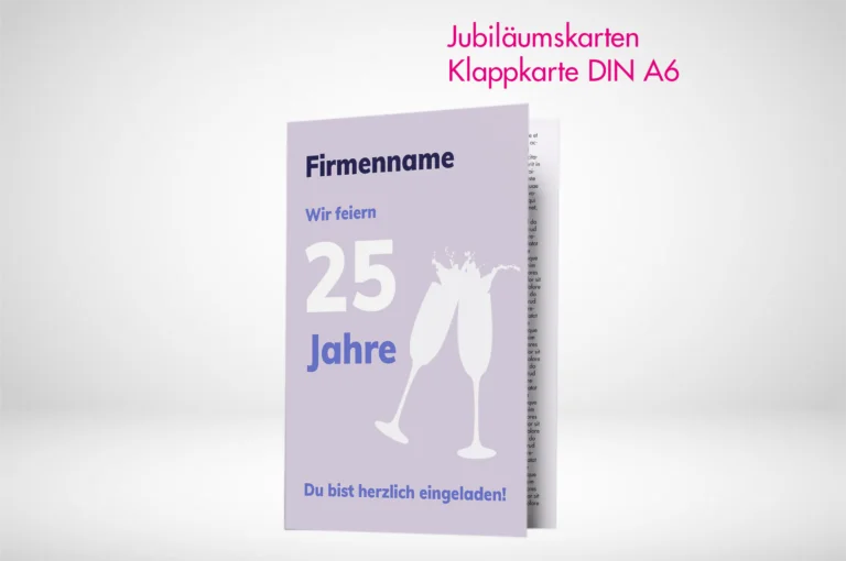 Jubiläumskarten Klappkarten A6 drucken bei PrintOnline24. Jubiläumskarten Klappkarten A6 online gestalten und bestellen.