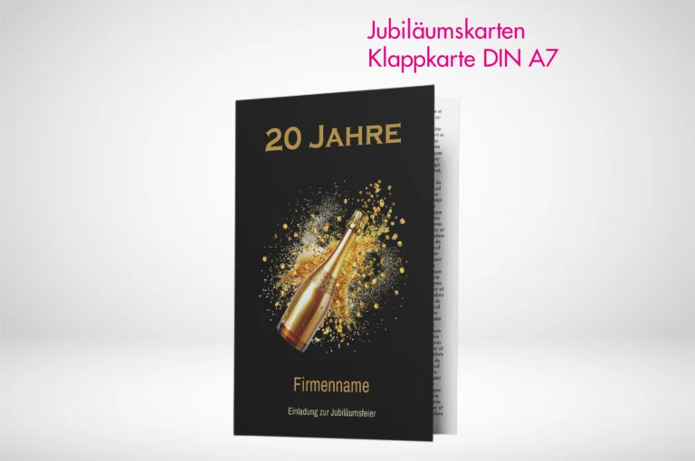 Jubiläumskarten Klappkarten A7 drucken bei PrintOnline24. Jubiläumskarten Klappkarten A7 online gestalten und bestellen.