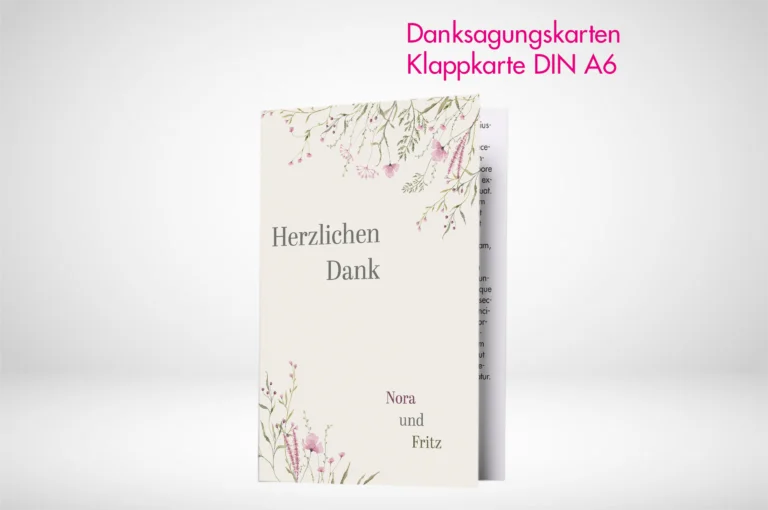 Danksagungskarten Klappkarten A6 drucken und bestellen. Danksagungskarten Klappkarten A6 selbst online gestalten und drucken lassen.