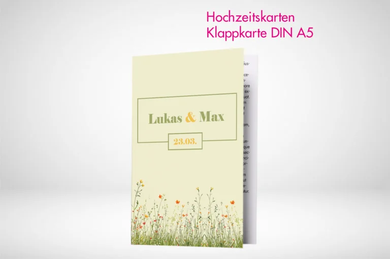 Hochzeitskarten Klappkarten A5 drucken und bestellen. Hochzeitskarten Klappkarten A5 online gestalten und drucken lassen.