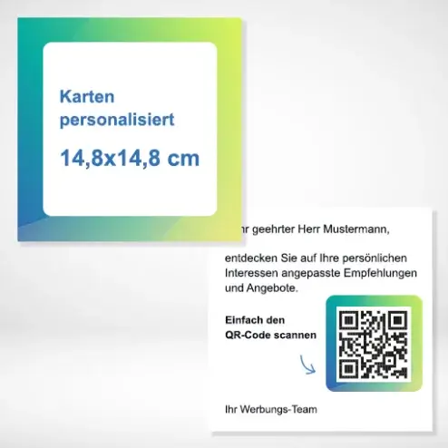 Karten personalisiert 148x148 mm drucken und bestellen bei PrintOnline24. Karten personalisiert 148x148 mm einseitig oder beidseitig drucken lassen.