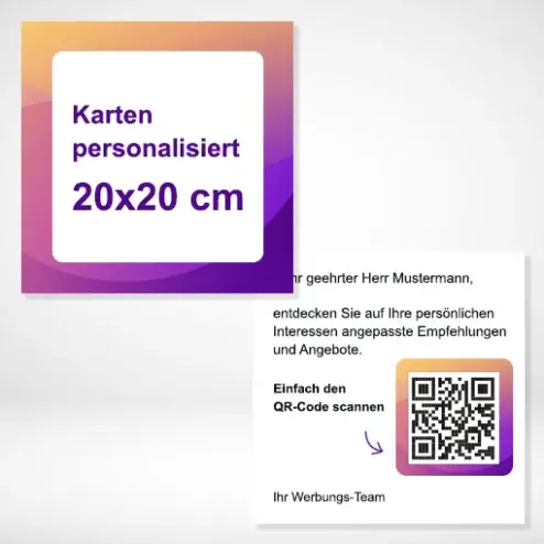 Karten personalisiert 20x20 cm drucken und bestellen bei PrintOnline24. Karten personalisiert 20x20 cm auf verschiedenen Papierstärken drucken lassen.