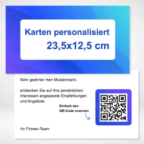 Karten personalisiert 230x125 mm drucken und bestellen bei PrintOnline24. Karten personalisiert 230x125 mm einseitig oder beidseitig drucken lassen.